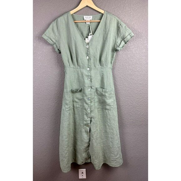 Rachel Zoe Midi Linen Dress Size XS Linen Green Button Front Short Sleeve Retro - Picture 1 of 13